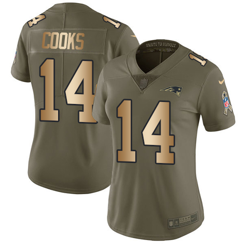Nike Patriots #14 Brandin Cooks Olive/Gold Women's Stitched NFL Limited Salute to Service Jersey - Click Image to Close